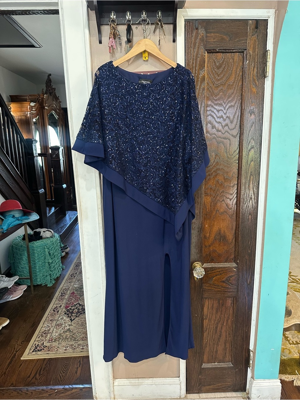 R&M Richards Navy Beaded Cape Maxi Dress